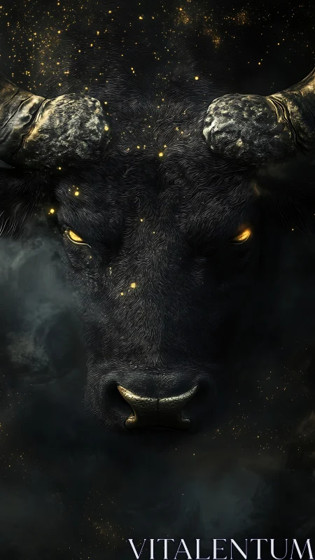 Star-forged bull emerges from cosmic shadow and smoldering gold