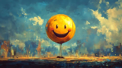 Whimsical Smiley Balloon Amid Painterly Urban Horizon.