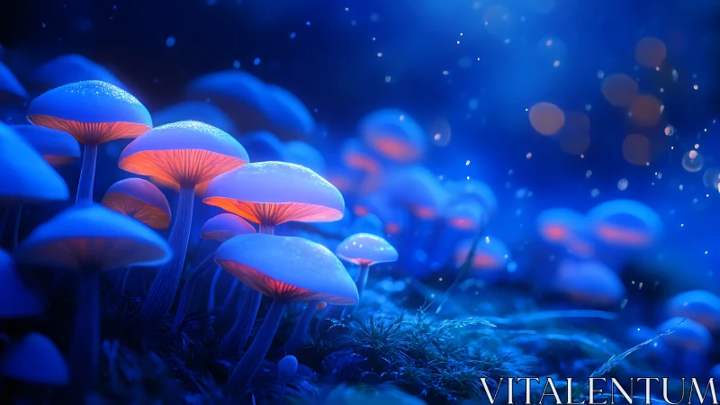 Glowing blue mushrooms in a soft luminous forest scene.