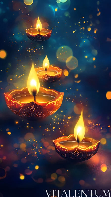 Digital painting of floating festive oil lamps in bokeh glow.