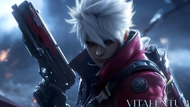 White‑haired cyber gunner holds aim in stormlit twilight