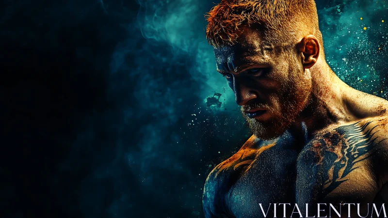 Brooding tattooed fighter amid teal smoke and sparks.