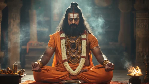 Hindu sage in temple interior rendered with dramatic photorealism