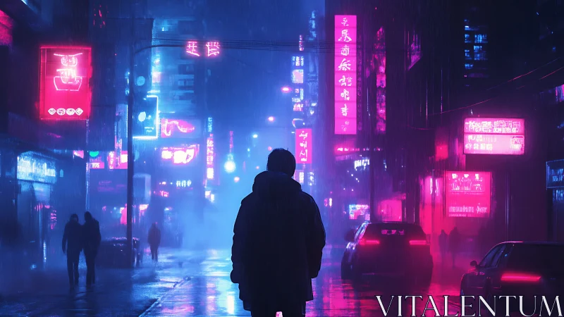 Silhouetted figure on neon city street in night rain scene.