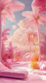 Monochrome pink palm terrace with loungers and pathway.