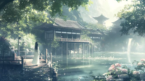 Lakeside pavilion with traditional rooftops and lone figure.