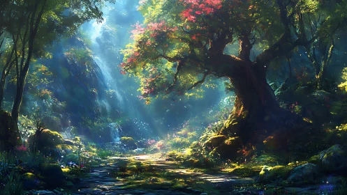 Luminous Grove: Where Ancient Trees Cradle Celestial Light.