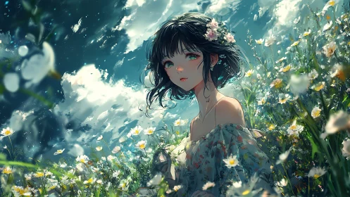 Atmospheric anime meadow portrait with luminous floral bokeh.