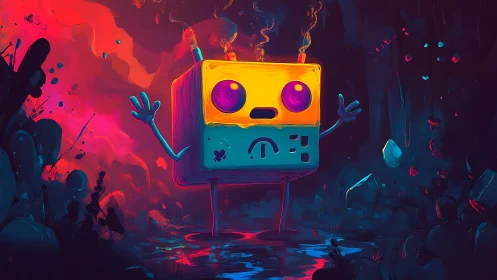 Glowing robot cube stands in neon mist with worried expression
