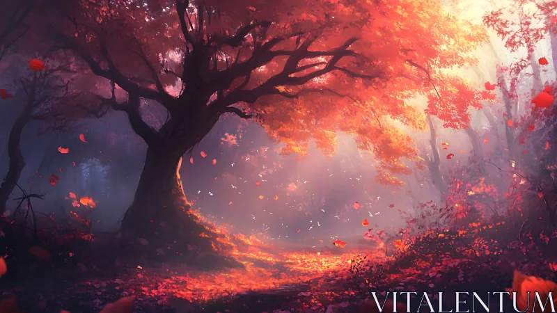 Curved tree dominates a red leaf forest lit by soft sunlight
