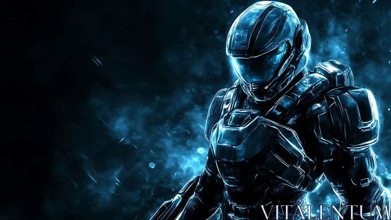 Neon-lit armored soldier in glowing blue particle storm.