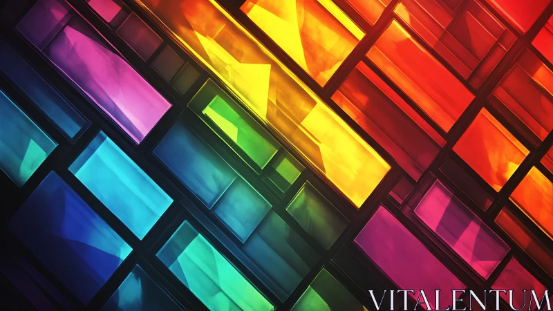 Geometric rainbow panels in diagonal abstract layout.