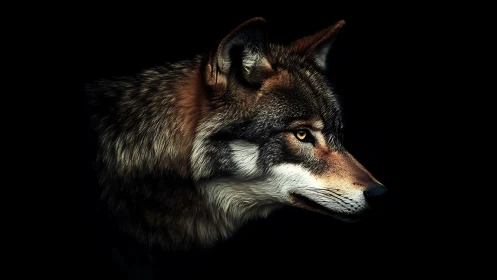 Side profile study of a wolf head on black background.