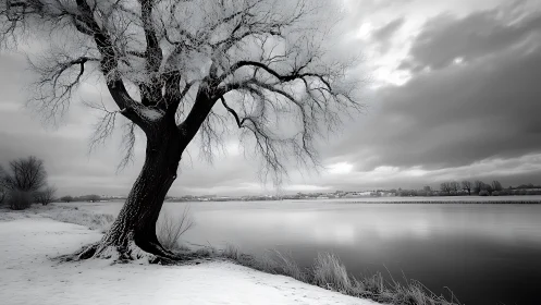 Snow covered riverside tree under heavy winter clouds.