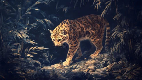 Solitary wildcat prowls dim forest floor in warm light