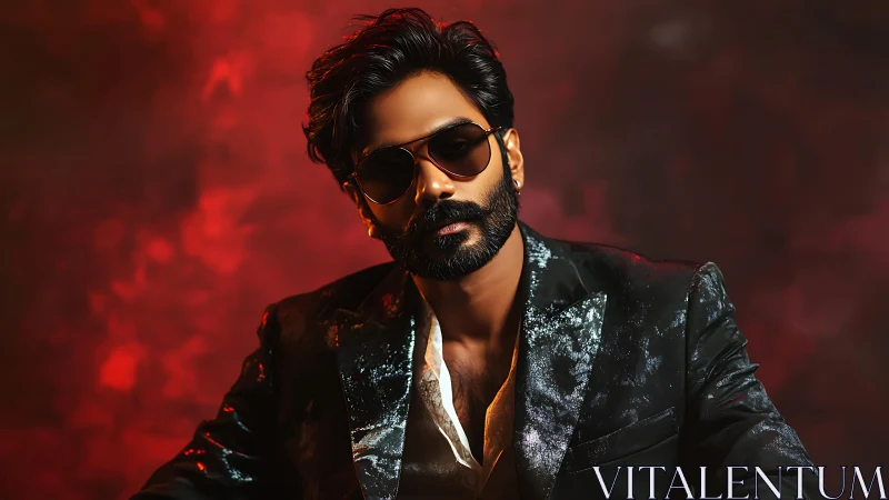 Bearded man in sunglasses against dramatic red backdrop.