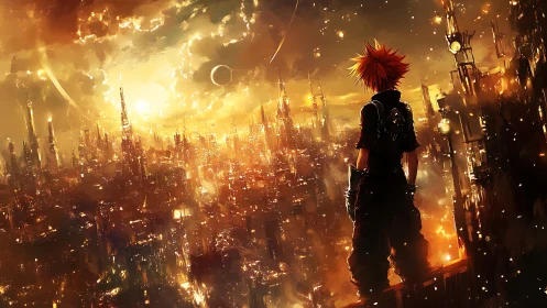Lone anime figure overlooking glowing sci fi cityscape.