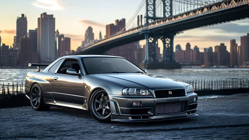 Tuned Nissan Skyline R34 rendered by the river under city bridge