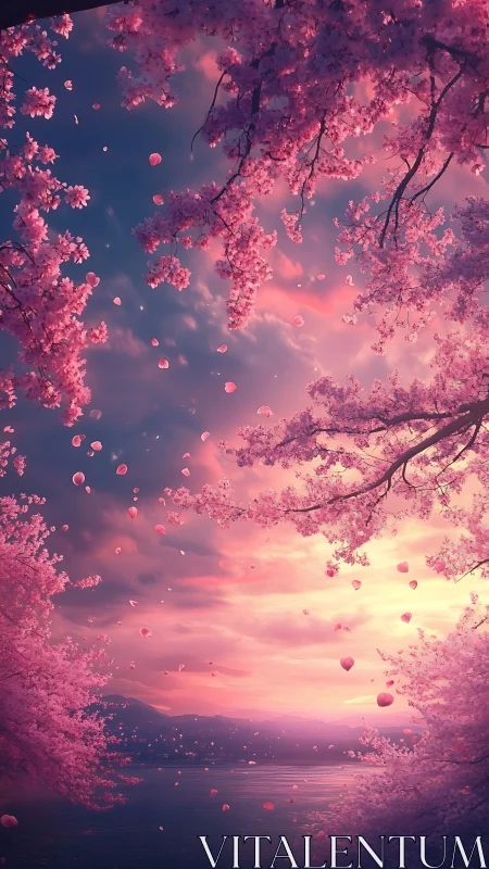 Cherry blossom canopy over lake at pink twilight sky.