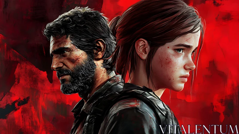 Two armed survivors stand back to back against red backdrop