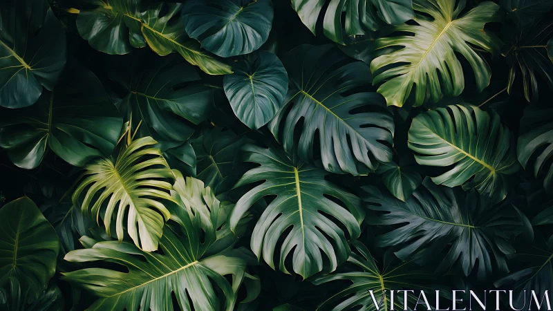 Dense tropical monstera foliage with overlapping leaves.