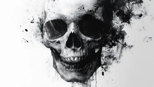 Monochrome human skull rendered in abstract ink dispersion.
