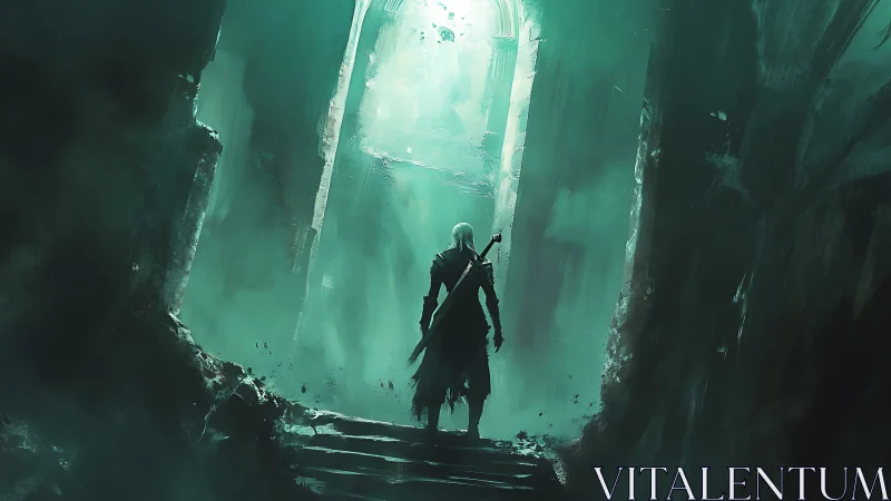 Lone bladebearer ascending a teal haunted gateway of light.