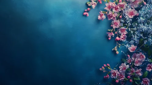 Pink Flowers Against Teal Wall with Cascading Vines.