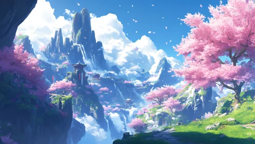 Sky-brushed sakura peaks and hidden mountain temples dreamscape.