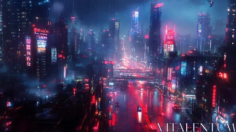 Rain-soaked cyberpunk megacity with neon-lit arterial highway