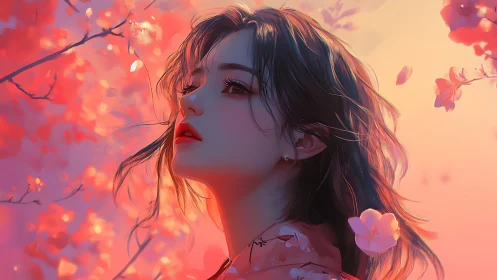 Calm anime woman amid pink blossoms at sunset sky.