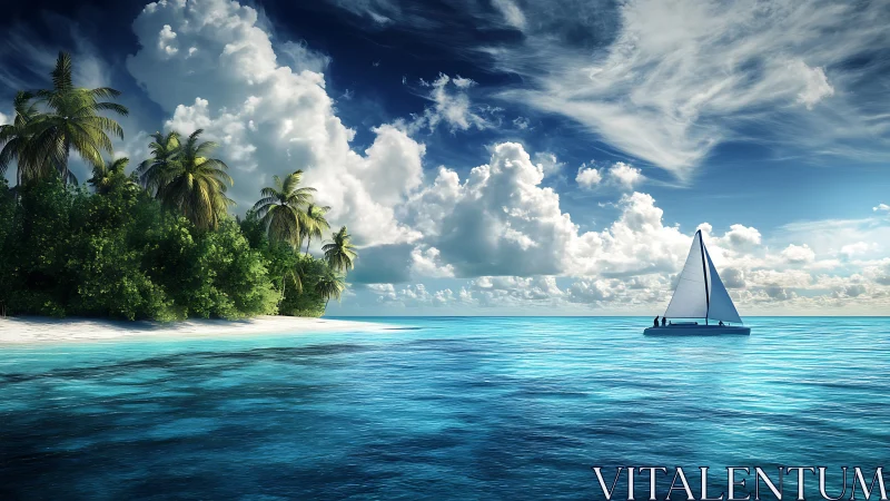 Lonely white sail glides past a dreaming turquoise island