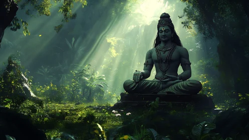 Serene stone deity statue seated in lush green forest.