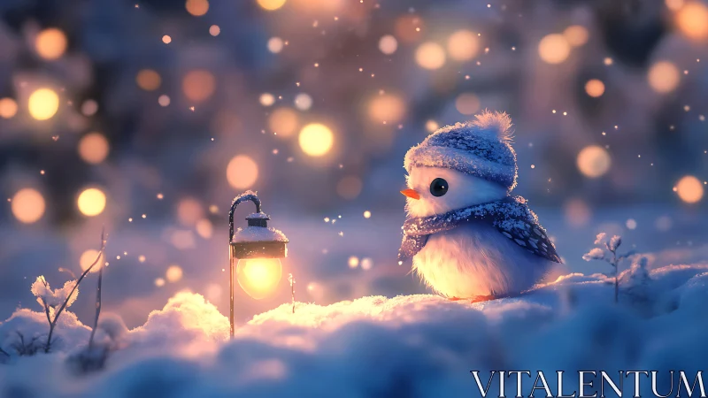 Fluffy winter bird studies warm lantern light in snowy dusk