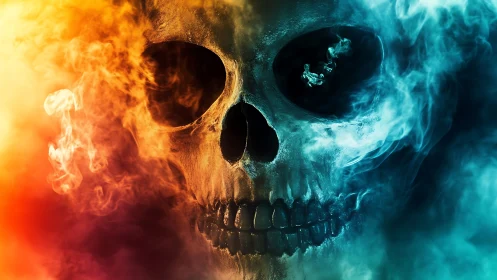 Fiery orange and blue smoke forming detailed human skull