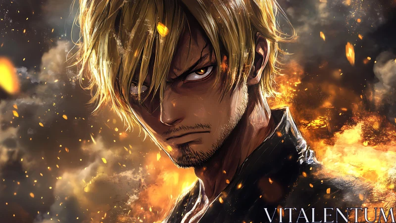 Brooding blond warrior amid blazing embers and smoke.