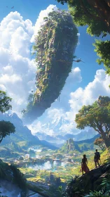 Floating verdant megastructure dominates a luminous valley panorama