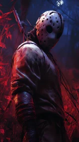 Masked slasher stalks blood-red forest under moonlit haze.