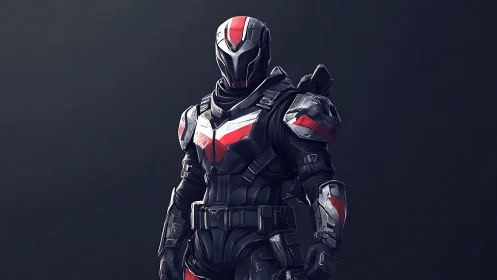 Armored sci fi guardian stands ready in sleek red and black