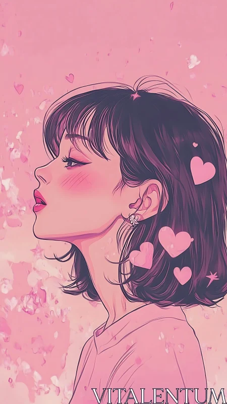 Softly dreaming girl glows in a pink cloud of gentle hearts