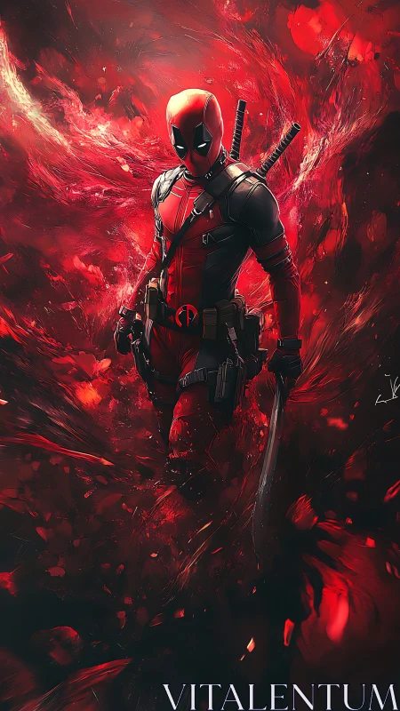 Bold red-suited warrior strides through swirling crimson energy