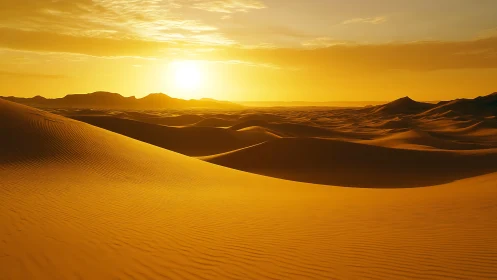 Golden desert dunes under low sun casting long shadows.