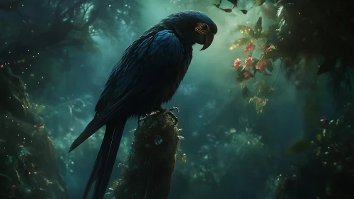 Mysterious Blue Parrot in Enchanted Forest, Cinematic Digital Art.