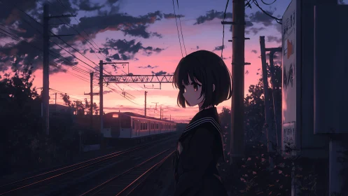 Twilight railway platform with anime girl in backlit silhouette