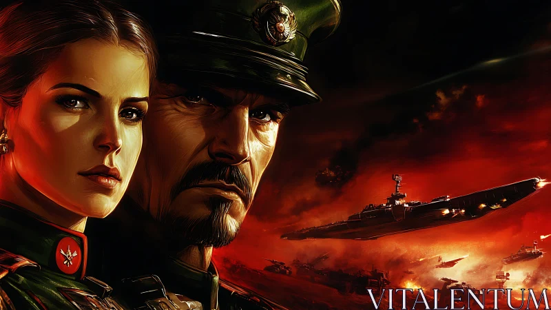 Militaristic command portrait over apocalyptic warfront digital painting.