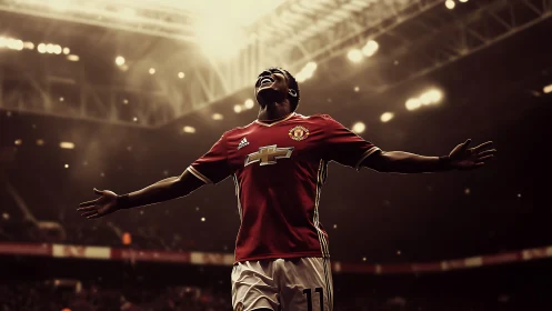 Photorealistic stadium portrait with dramatic backlit triumph.