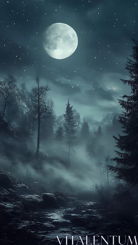 Full moon over mist-laden forest trail at nightfall.