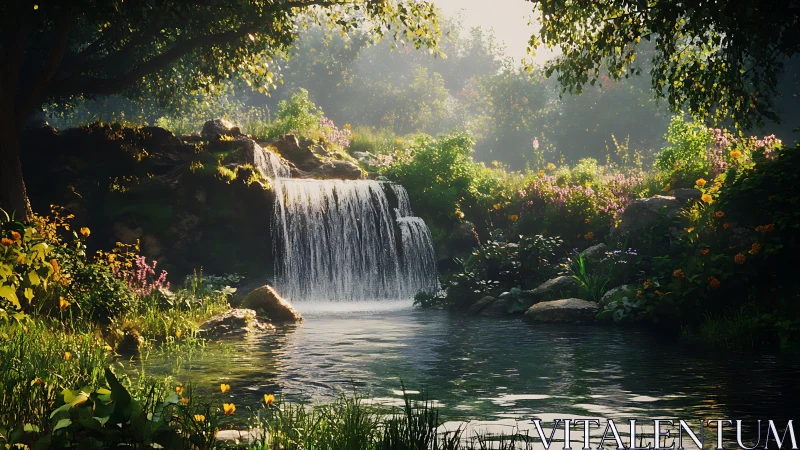 Sunlit forest waterfall with wildflower pond sanctuary.