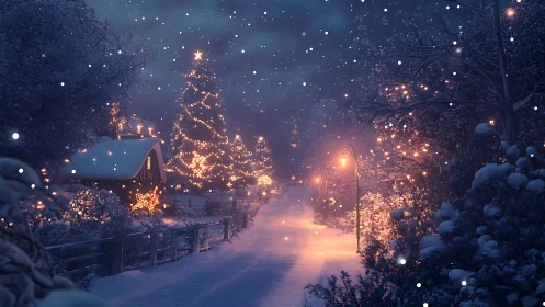 Snow covered rural lane with illuminated holiday trees.