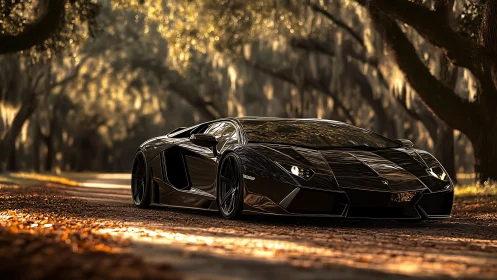 Midnight supercar gliding through a golden woodland road.